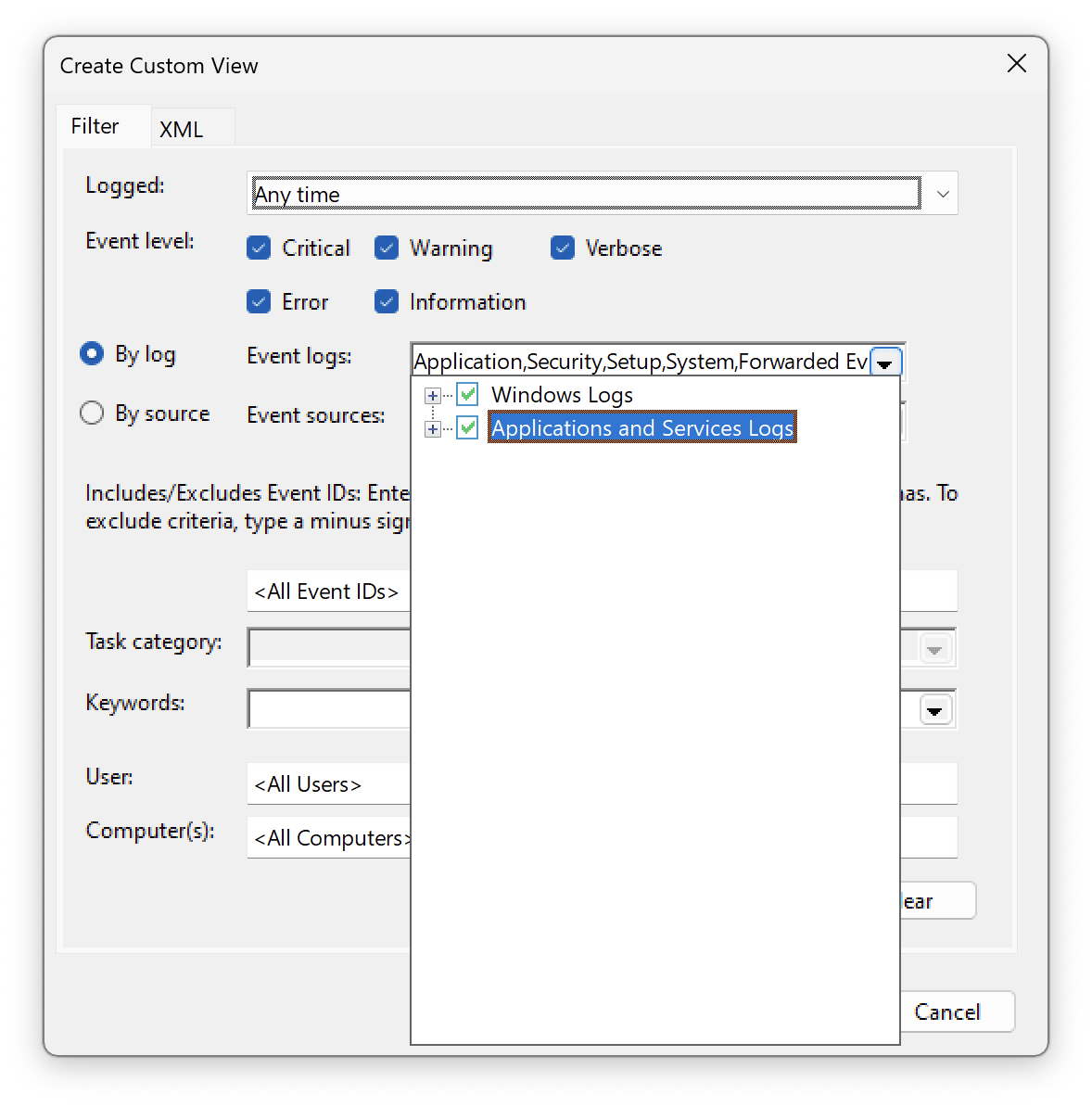 Custom events viewer form showing all logs selected